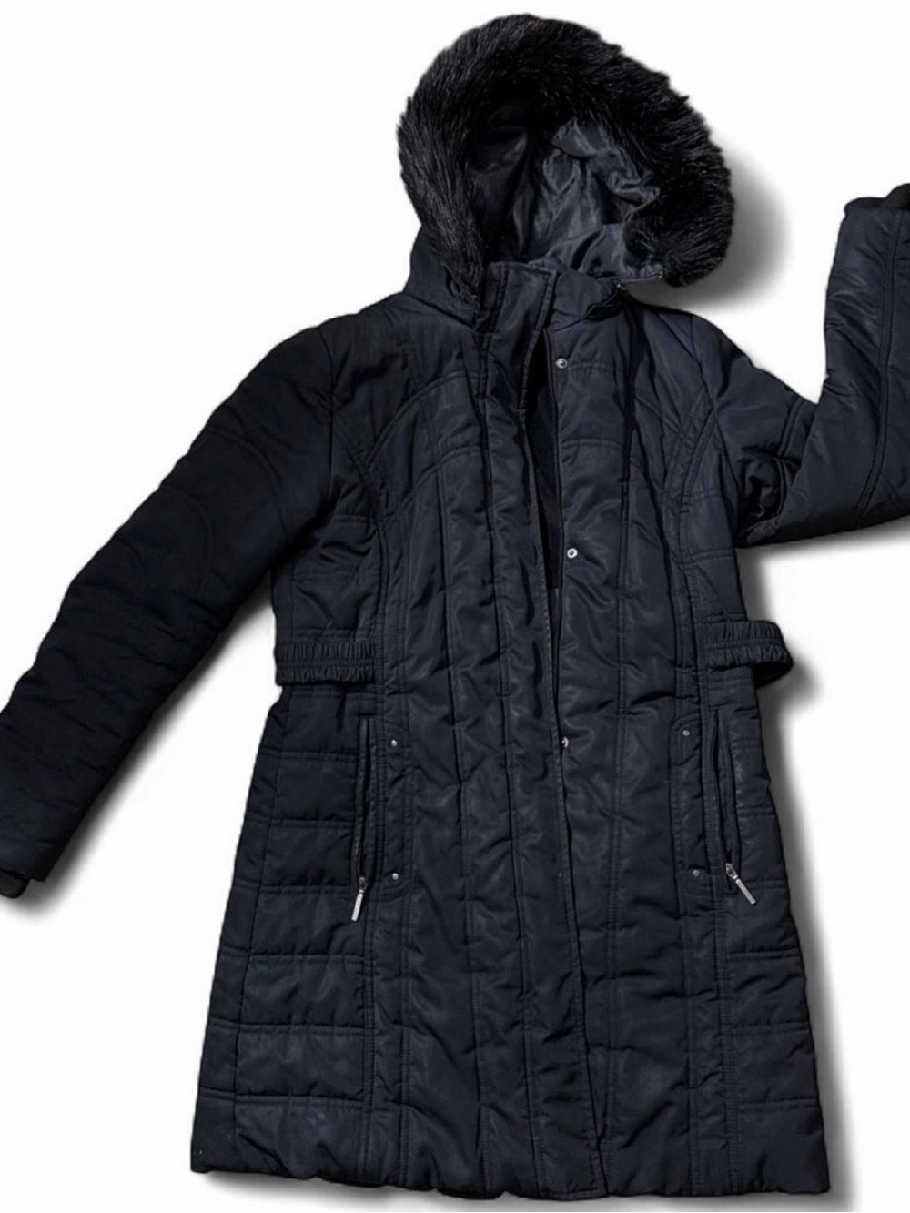 Weatherproof Black Long Quilted Hooded Puffer Coat